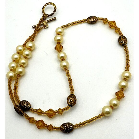 Vintage Simulated Pearl Necklace Amber Color Glass Beads Toggle Clasp - Picture 5 of 7